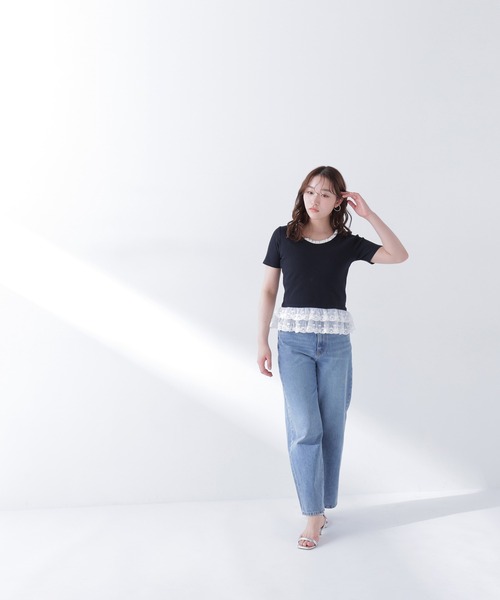 NATURAL BEAUTY BASIC（ナチュラルビューティーベーシック）の「レースドッキングフリルカットソー（Tシャツ/カットソー・レディース・グレー系その他/ブラック系その他2/オフホワイト・FREE）」の18枚目の写真