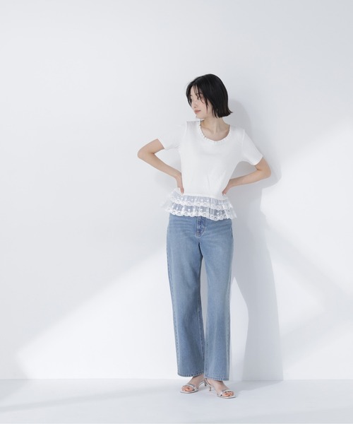 NATURAL BEAUTY BASIC（ナチュラルビューティーベーシック）の「レースドッキングフリルカットソー（Tシャツ/カットソー・レディース・グレー系その他/ブラック系その他2/オフホワイト・FREE）」の10枚目の写真