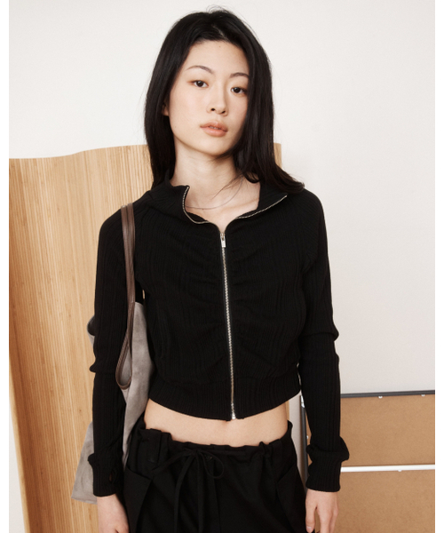 シャーリングクロップリップジップアップ（ブラック）