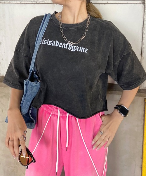 non-hedge(ノンヘッジ)の「ブリーチロゴショート丈Tシャツ(Tシャツ/カットソー・レディース・オフホワイト/ブラック/ブラック×レッド/ブラック×ホワイト/シルバー・FREE)」の1枚目の写真
