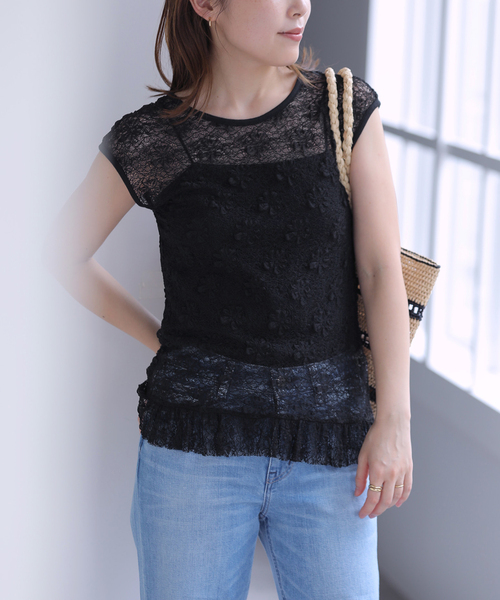 La TOTALITE(ラトータリテ)の「【洗える】Mewl / ミュール レースフレンチタンク(タンクトップ・レディース・ブラック/ホワイト・FREE)」の2枚目の写真
