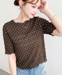 スモッキングレースドット柄半袖Tシャツ