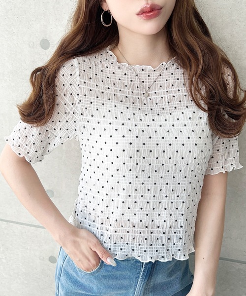 moment+(モーメントプラス)の「スモッキングレースドット柄半袖Tシャツ(Tシャツ/カットソー・レディース・ブラウン/ブラック/ライトベージュ/オフホワイト・M)」の1枚目の写真