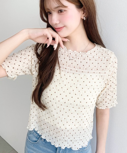 moment+(モーメントプラス)の「スモッキングレースドット柄半袖Tシャツ(Tシャツ/カットソー・レディース・ブラウン/ブラック/ライトベージュ/オフホワイト・M)」の4枚目の写真
