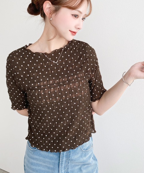 moment+(モーメントプラス)の「スモッキングレースドット柄半袖Tシャツ(Tシャツ/カットソー・レディース・ブラウン/ブラック/ライトベージュ/オフホワイト・M)」の22枚目の写真
