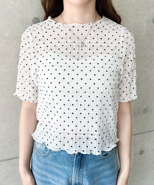 moment+(モーメントプラス)の「スモッキングレースドット柄半袖Tシャツ(Tシャツ/カットソー・レディース・ブラウン/ブラック/ライトベージュ/オフホワイト・M)」の10枚目の写真