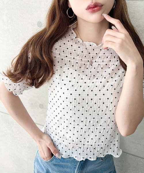 moment+(モーメントプラス)の「スモッキングレースドット柄半袖Tシャツ(Tシャツ/カットソー・レディース・ブラウン/ブラック/ライトベージュ/オフホワイト・M)」の5枚目の写真