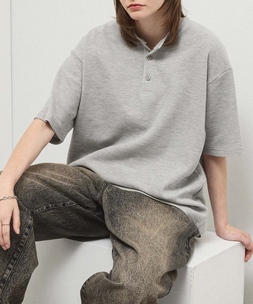 セール】【Alfred Alex】Waffle Henley Neck Tee / ワッフル ヘンリー