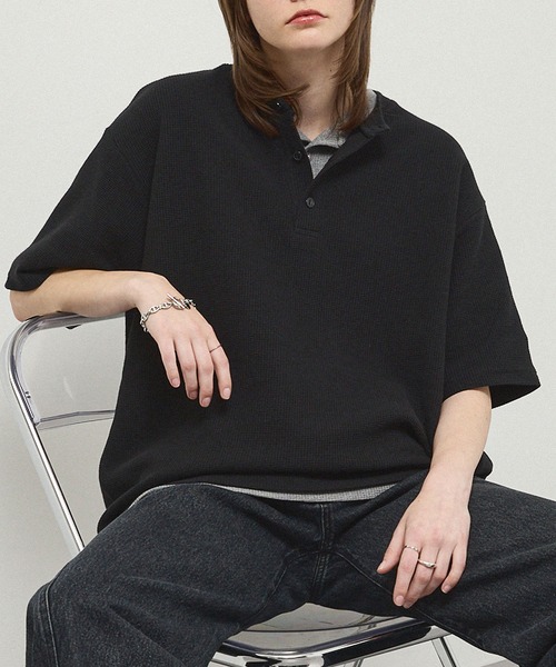 セール】【Alfred Alex】Waffle Henley Neck Tee / ワッフル ヘンリー
