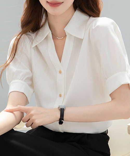 MILAE(ミレ)の「5分袖パフスリーブスキッパーブラウス(シャツ/ブラウス・レディース・ホワイト/ライトブルー・L/M)」の4枚目の写真
