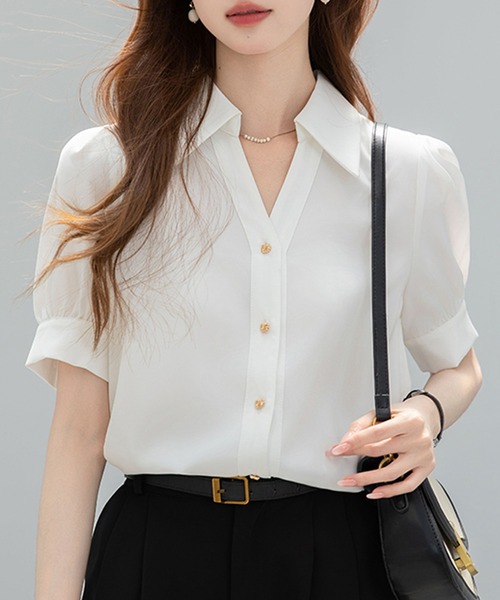 MILAE(ミレ)の「5分袖パフスリーブスキッパーブラウス(シャツ/ブラウス・レディース・ホワイト/ライトブルー・L/M)」の6枚目の写真