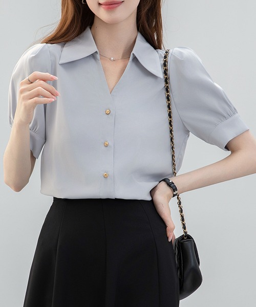 MILAE(ミレ)の「5分袖パフスリーブスキッパーブラウス(シャツ/ブラウス・レディース・ホワイト/ライトブルー・L/M)」の10枚目の写真