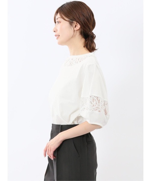 m.f.editorial（エムエフエディトリアル）の「【レース ややゆったり】m.f.エディトリアル レディース クルーネック 半袖 プルオーバー（Tシャツ/カットソー・レディース・アイボリー/ブラック・MEDIUM/LARGE）」の4枚目の写真