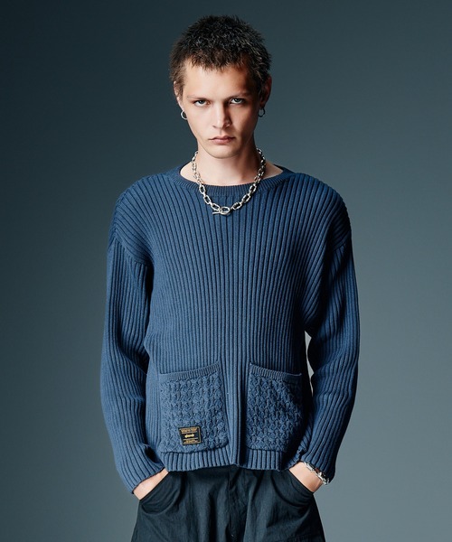 glamb(グラム)の「Additional Pocket Rib Knit / アディショナルポケットリブニット(ニット/セーター・メンズ・ネイビー/ブラック・M/L)」の1枚目の写真