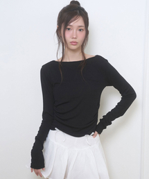 LIE MEQUE（リメーク）の「ボートネックドレープスリムロングスリーブブラック（Tシャツ/カットソー）」