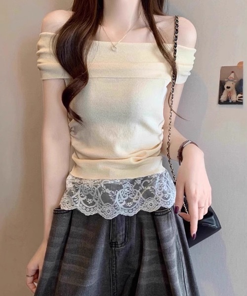 まぁたん④夏3Lブルーグリーン∞カットワークレース切替半袖Tシャツ