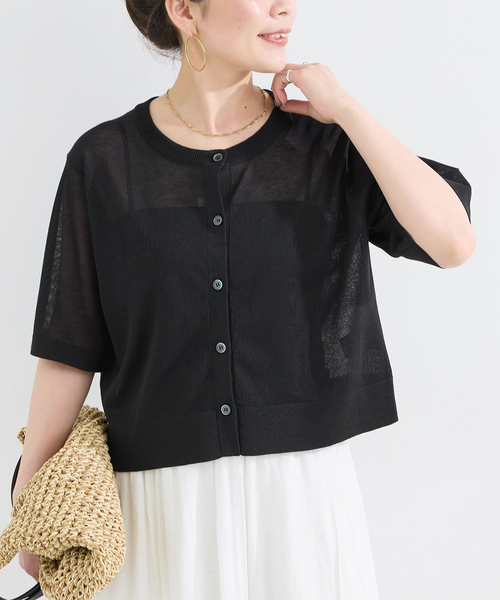 B.C STOCK(ベーセーストック)の「手洗い可 / シアー半袖カーディガン(カーディガン/ボレロ・レディース・ブラック/オレンジ/サックスブルー・FREE)」の2枚目の写真