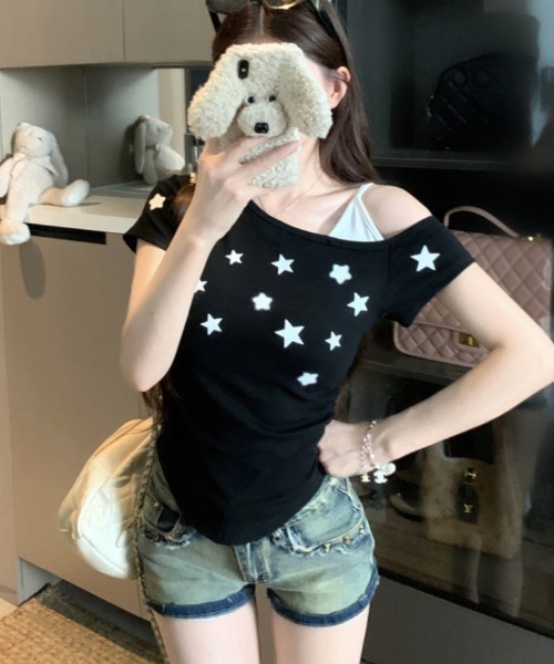 Ritzy(リッツィー)の「キャミ×ワンショルダー星柄Tシャツ(Tシャツ/カットソー・レディース・ホワイト/イエロー/ブラック/グレー・FREE)」の2枚目の写真