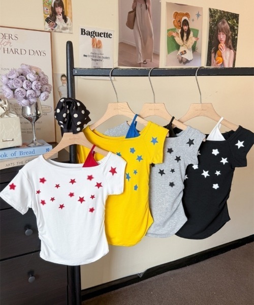 Ritzy(リッツィー)の「キャミ×ワンショルダー星柄Tシャツ(Tシャツ/カットソー・レディース・ホワイト/イエロー/ブラック/グレー・FREE)」の5枚目の写真