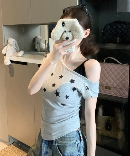 Ritzy(リッツィー)の「キャミ×ワンショルダー星柄Tシャツ(Tシャツ/カットソー・レディース・ホワイト/イエロー/ブラック/グレー・FREE)」の13枚目の写真