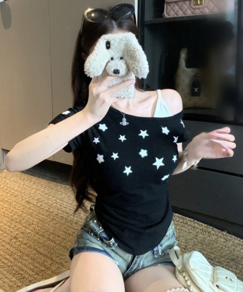 Ritzy(リッツィー)の「キャミ×ワンショルダー星柄Tシャツ(Tシャツ/カットソー・レディース・ホワイト/イエロー/ブラック/グレー・FREE)」の14枚目の写真