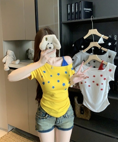 Ritzy(リッツィー)の「キャミ×ワンショルダー星柄Tシャツ(Tシャツ/カットソー・レディース・ホワイト/イエロー/ブラック/グレー・FREE)」の15枚目の写真