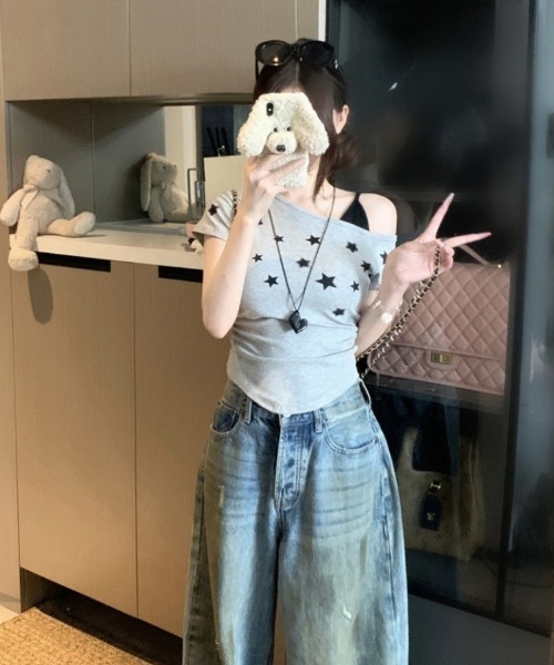Ritzy(リッツィー)の「キャミ×ワンショルダー星柄Tシャツ(Tシャツ/カットソー・レディース・ホワイト/イエロー/ブラック/グレー・FREE)」の12枚目の写真