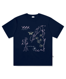 ラインハンドドローイングプリンティング半袖Tシャツネイビー