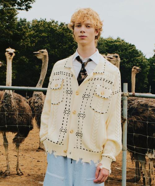 BEAVER(ビーバー)の「B omnivore/ビーオムニボー HANDSTITCH CABLE KNIT JKT ハンドステッチケーブルニットジャケット(ニット/セーター・メンズ・ホワイト/ブラック/ネイビー/ブラウン・M/L)」の1枚目の写真