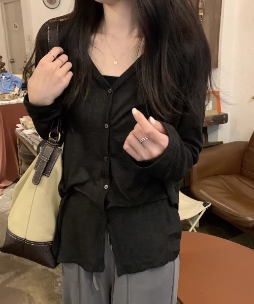 FLINEA(フリネア)の「Vネック薄手長袖カーディガン(カーディガン/ボレロ・レディース・グレー/ブラック・FREE)」の11枚目の写真