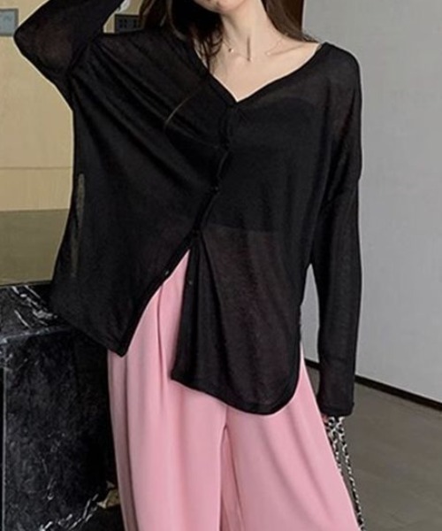 FLINEA(フリネア)の「Vネック薄手長袖カーディガン(カーディガン/ボレロ・レディース・グレー/ブラック・FREE)」の12枚目の写真