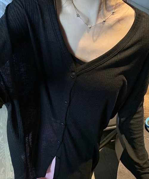 FLINEA(フリネア)の「Vネック薄手長袖カーディガン(カーディガン/ボレロ・レディース・グレー/ブラック・FREE)」の3枚目の写真