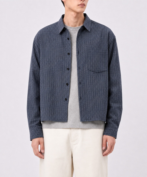UNDEROFF(アンダーオフ)の「マイクロチェッククロップシャツネイビー(シャツ/ブラウス・メンズ・ネイビー・MEDIUM/LARGE/X-LARGE)」の5枚目の写真