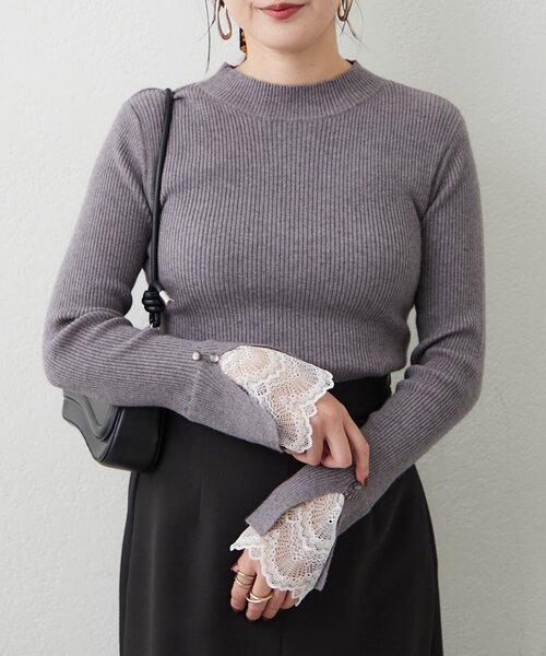 Remind me and forever(リマインドミーアンドフォーエバー)の「上品見え叶う、袖レースリブニット(ニット/セーター・レディース・ブラック/アイボリー/ネイビー/チャコールグレー/ボルドー/グレイッシュベージュ・FREE)」の3枚目の写真