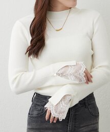 上品見え叶う、袖レースリブニット