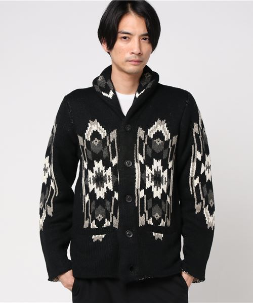 291295=HOMME(ニーキューイチニーキューゴーオム)の「【291295=HOMME】 3GG ショールカラーニット ネイティブジャガード(カーディガン/ボレロ・メンズ・グレー/ブラック・2/3)」の1枚目の写真