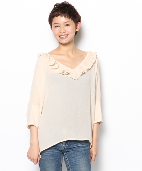 mystic（ミスティック）の「【mystic】 衿フリルVP/O（シャツ/ブラウス・レディース・オフホワイト/ベージュ/パープル/オレンジ/ブラック/ネイビー・ﾌﾘ-）」の4枚目の写真