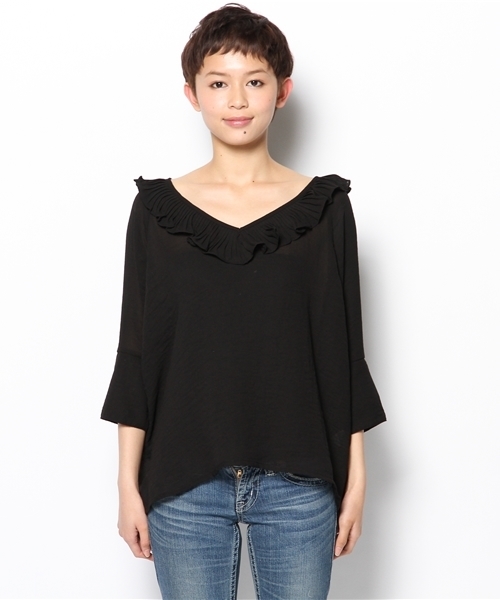 mystic（ミスティック）の「【mystic】 衿フリルVP/O（シャツ/ブラウス・レディース・オフホワイト/ベージュ/パープル/オレンジ/ブラック/ネイビー・ﾌﾘ-）」の7枚目の写真