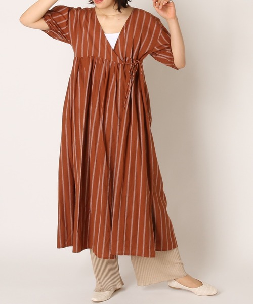 TRIANGLE PALETTE（トライアングルパレット）の「カシュクール ガウンワンピース/ ストライプ ドット （インド綿.インドコットン.コットン100%,綿100%）（ワンピース・レディース・パープル/ネイビー/オレンジ・MEDIUM）」の13枚目の写真