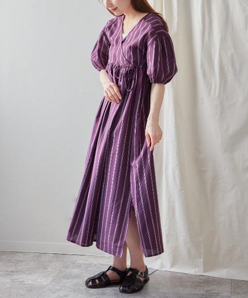 TRIANGLE PALETTE（トライアングルパレット）の「カシュクール ガウンワンピース/ ストライプ ドット （インド綿.インドコットン.コットン100%,綿100%）（ワンピース・レディース・パープル/ネイビー/オレンジ・MEDIUM）」の16枚目の写真