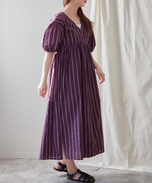 TRIANGLE PALETTE（トライアングルパレット）の「カシュクール ガウンワンピース/ ストライプ ドット （インド綿.インドコットン.コットン100%,綿100%）（ワンピース・レディース・パープル/ネイビー/オレンジ・MEDIUM）」の20枚目の写真