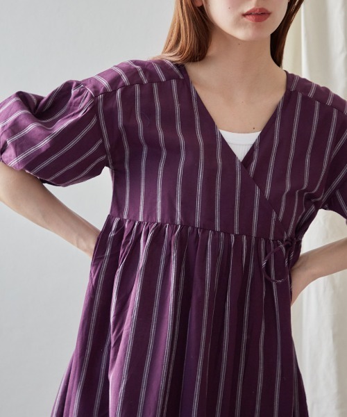 TRIANGLE PALETTE（トライアングルパレット）の「カシュクール ガウンワンピース/ ストライプ ドット （インド綿.インドコットン.コットン100%,綿100%）（ワンピース・レディース・パープル/ネイビー/オレンジ・MEDIUM）」の18枚目の写真