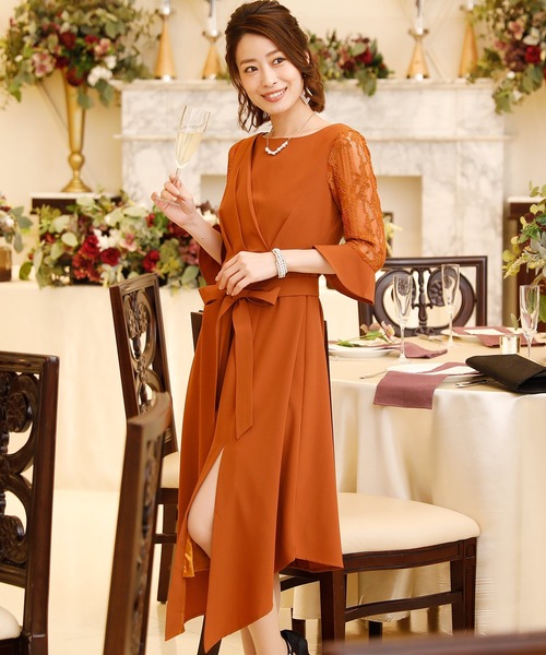 残りわずか ロング 七分袖フォーマルスリット結婚式ワンピースドレス ドレス Pourvous プールヴー のファッション 今だけ特価 Arenatheatre Net