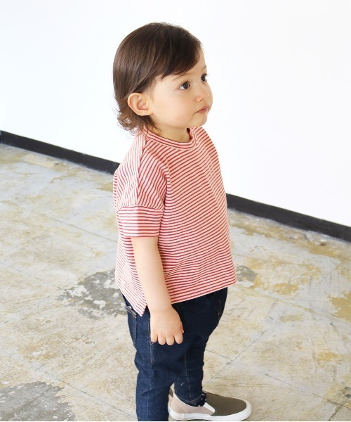 quoti use fith（クゥオティ　ユース　フィス）の「ミニバスクボーダー天竺 半袖 ビッグTシャツ（Tシャツ/カットソー・キッズ・ブラウン/ネイビー/レッド/カーキ・110/120/80/100/130/90）」の11枚目の写真