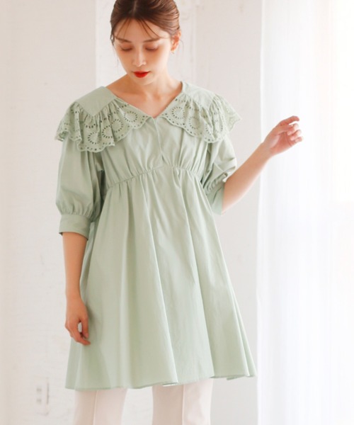 one after another NICE CLAUP(ワンアフターアナザーナイスクラップ)の「【Web限定】ビックカラ―コットンレースチュニック(チュニック・レディース・オフホワイト/ブラック/ミント・FREE)」の3枚目の写真