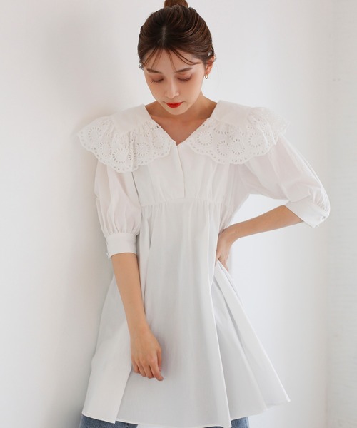 one after another NICE CLAUP(ワンアフターアナザーナイスクラップ)の「【Web限定】ビックカラ―コットンレースチュニック(チュニック・レディース・オフホワイト/ブラック/ミント・FREE)」の10枚目の写真