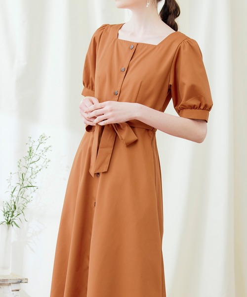 PURIL（ピュリル）の「【PURIL】リボン付き スクエアネック パフスリーブワンピース（ワンピース・レディース・ネイビー/サックスブルー/ブラウン系その他・S/M）」の5枚目の写真