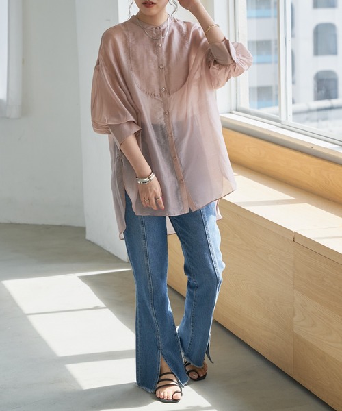 DISCOAT（ディスコート）の「シアーバンドカラーシャツ（シャツ/ブラウス・レディース・ホワイト系その他/サックスブルー/ピンクベージュ・FREE）」の8枚目の写真