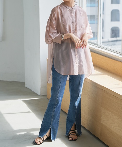 DISCOAT（ディスコート）の「シアーバンドカラーシャツ（シャツ/ブラウス・レディース・ホワイト系その他/サックスブルー/ピンクベージュ・FREE）」の9枚目の写真