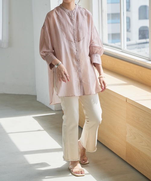 DISCOAT（ディスコート）の「シアーバンドカラーシャツ（シャツ/ブラウス・レディース・ホワイト系その他/サックスブルー/ピンクベージュ・FREE）」の10枚目の写真